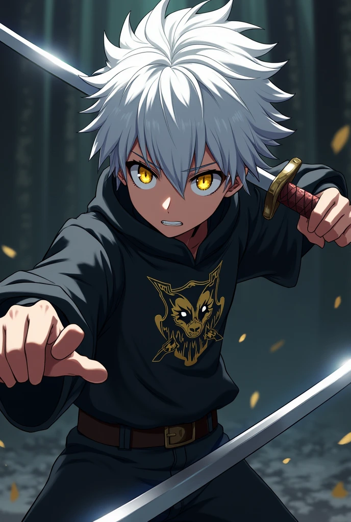 animé, garçon de 22 ans, cheveux blanc, utilisateurs de deux lames, sourcils noirs, pupille jaunes, vêtements noirs avec logo (loup avec deux sabres)