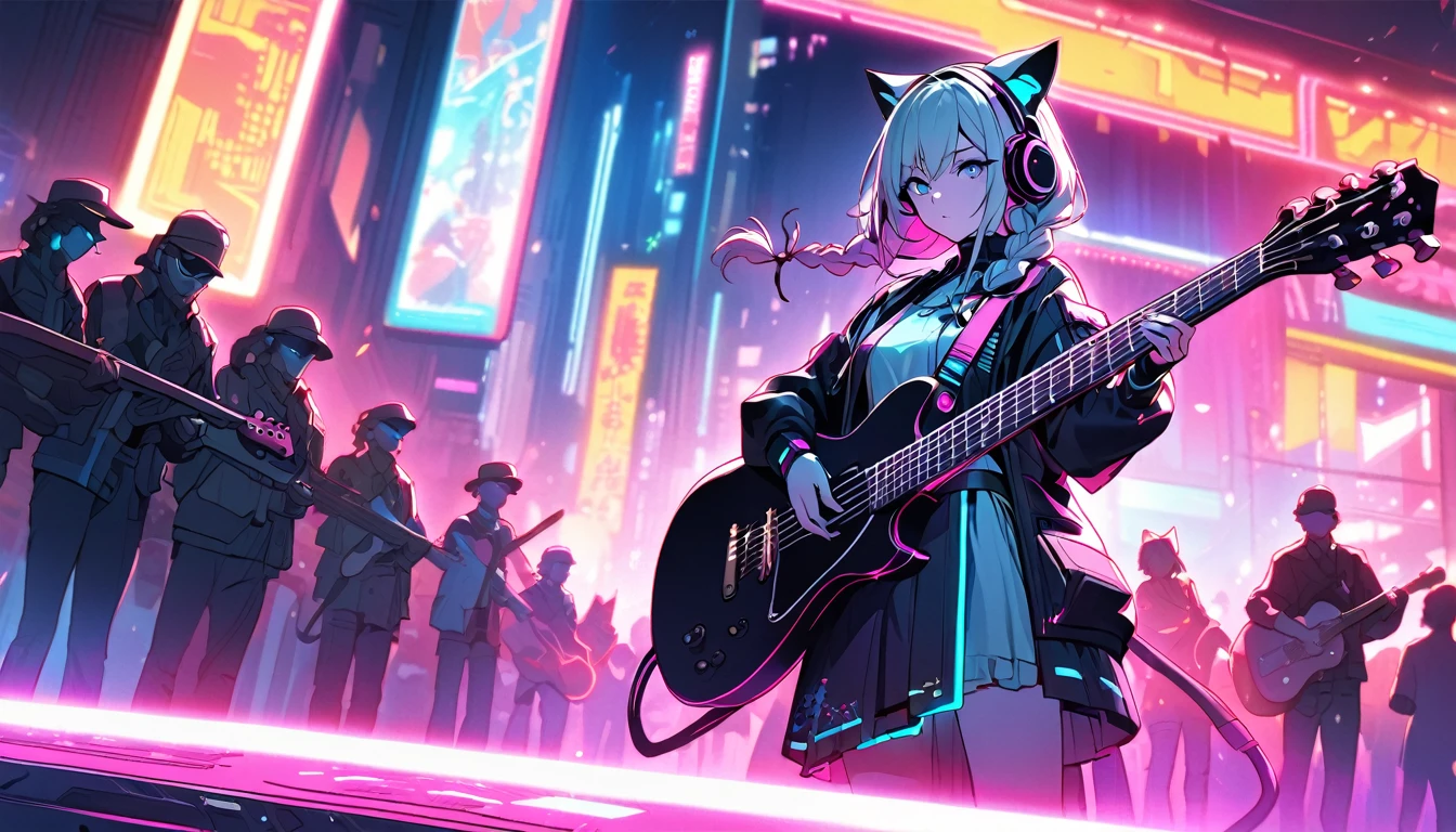 Beautiful 1, single, girl with braids, hair with glowing wires Wears a half hat, headphones, cat ears, mixed with sci-fi and neon tones. In the background is a robot with neon lights. The background image is a large robot, clearly visible. ,on stage, playing guitar On a vibrant, neon-soaked street in a bustling cyberpunk metropolis, she is busking with her keyboard, drawing a crowd of curious onlookers.