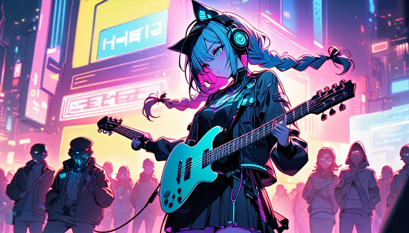 Beautiful 1, single, girl with braids, hair with glowing wires Wears a half hat, headphones, cat ears, mixed with sci-fi and neon tones. In the background is a robot with neon lights. The background image is a large robot, clearly visible. ,on stage, playing guitar Holiday shopping at a large department store, with people browsing, balloons, and salespeople.