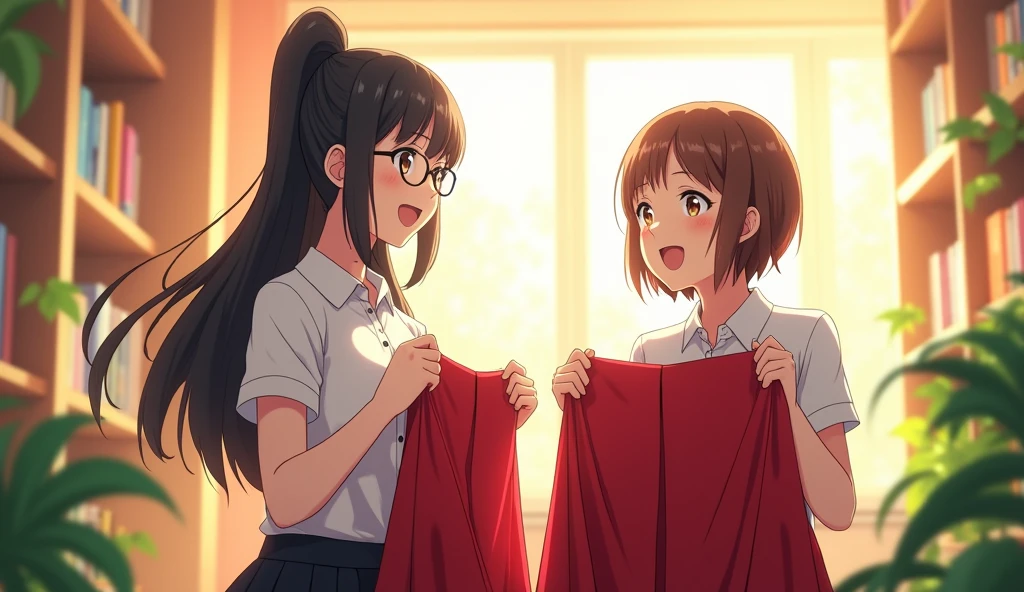 Anime images"Two girls are standing in a student dormitory. The room is brightly lit by the light from the window. The background is decorated with beautifully arranged leaves and flowers, adding to the bright and lovely atmosphere. The first girl has long, shiny black hair, neatly tied up with bangs, and wears round glasses, a white shirt, and a black skirt. The second girl has short, brown hair, no bangs, and no glasses. The two are talking and laughing happily, while holding a red long-sleeved graduation gown in each hand, showing excitement and happiness in preparing for the special day."