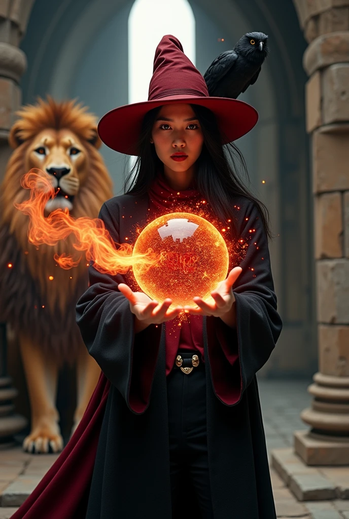photograph, asian woman, white skin, Facing straight, Half-body image size, Fluffy black hair, Long slender fingers, Black witch cloak, Red Hat, Inside is a red dress., There is a fireball in the hand., The letters Gryffindor are floating in the fireball., Several red sparks and red smoke shot out of his hands.., A black owl stands on the right shoulder.., A large golden lion appears from the rear left.., The background is an old black European-style castle.
