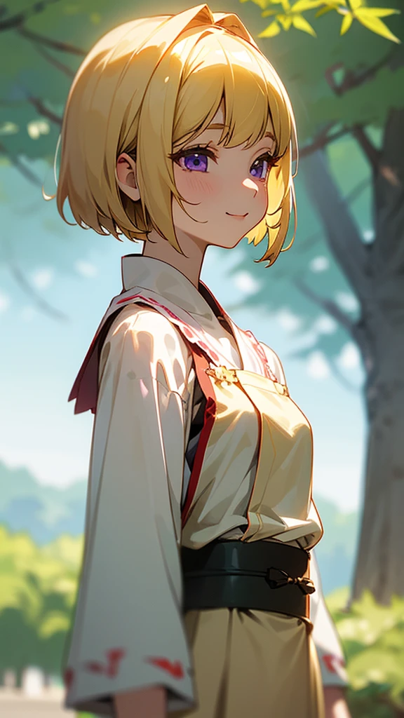 1 girl、Anime style painting、Upper body close-up、From the side、Bento box、Small breasts、smile、(blonde)、Bobcut、Beautiful purple eyes、Frilled blouse、Momiji Park、Background Blur, Written boundary depth