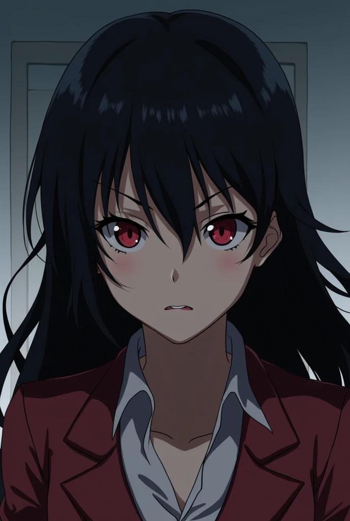 Anime character, screencap, Makima from chainsawman, black hair, red eyes.