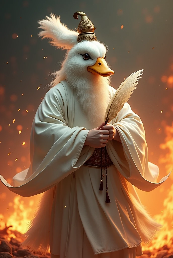 Duck head on a zhuge liang body, wearing white zhuge liang outfit, wearing zhuge liang hat, holding zhuge liang feather fan, fire everywhere