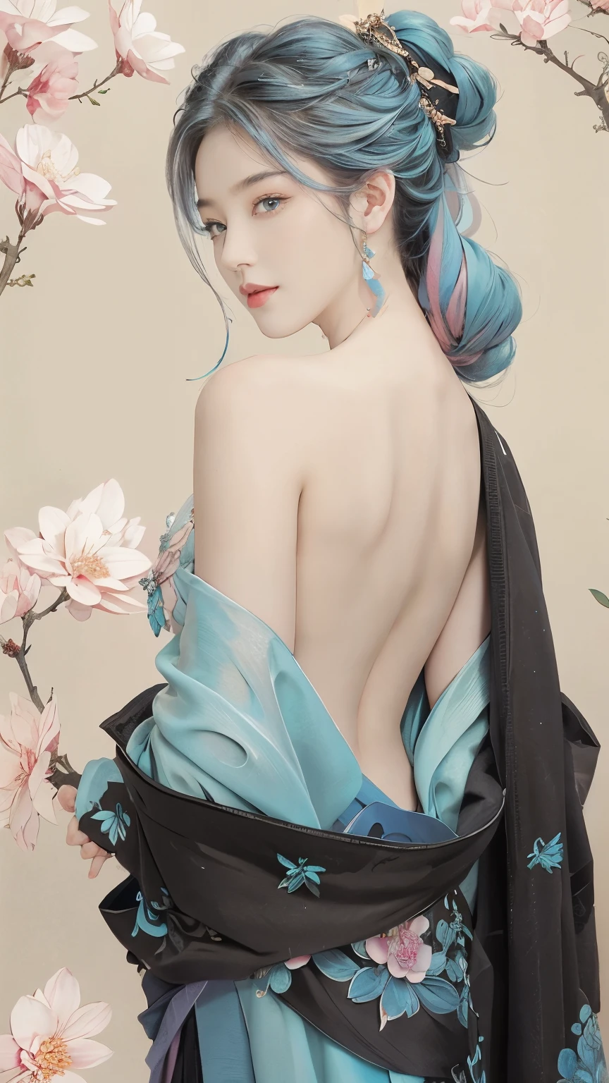 highly detailed, 8K, masterpiece, 1 girl, blue pink_hair, nude, Smile, (perfect_Face), boundary, close up, crazy, exist_Back, Gorgeous, complicated, Dramatic Lighting, 4K, detailed_Background, Caustics, full_Body,  