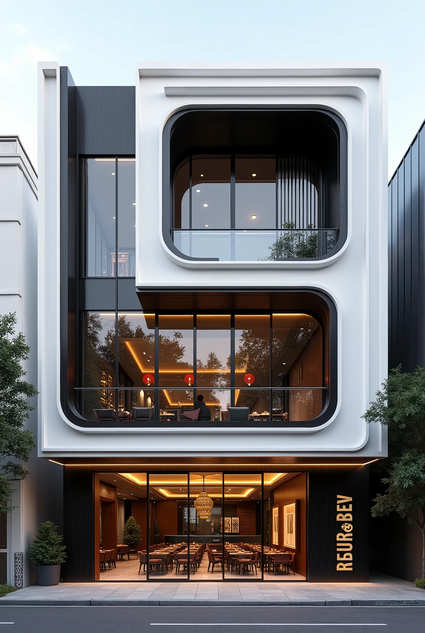 Restuarant facade architecture , a view of parametric 4th floors resturant facade with larg window , main material by glossy white wall and black stone and wood, RAW photo, real, best quality, masterpiece:1.2), look morden parametric , shime ring light, light brighteness from indoor:1.2, dynamic lighting: 1.3, (hyper realistic, photo-realistic:1.2), high quality, day lighht, hight contrast :0.5 perfect lighting, archdaily, award winning parametric, masterpiece, well-designed masterpiece, 