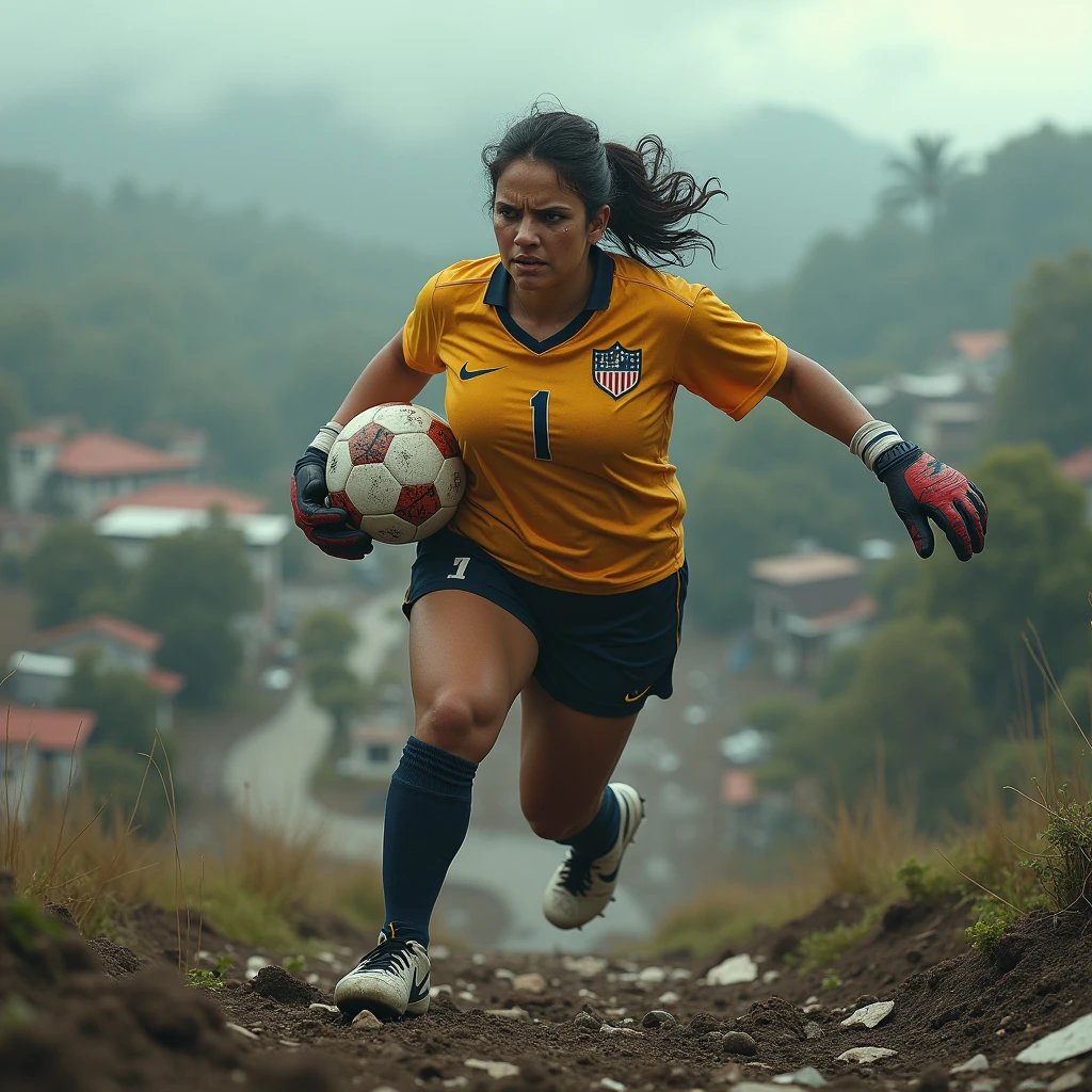 chubby soccer goalkeeper woman, [in sports suit, team shirt with number "1", shorts, socks and football boots.], (tra le mani con i guanti da portiere una palla da calcio), (masterpiece, best quality, best shadows, best shading, perfect hands, perfect face, cinematic lighting, colorful, ultra-detailed, beautiful photography, character focus, extremely-detailed, photorealistic, hyper photorealism, atmospheric), (rural destruction:1.7), (dirty, filthy, unwashed, sweaty, unkempt, angry, tired, exhausted, annoyed), ((walking, mid stride:1.2, stepping down on:1.2, stomping, crush, rampage)), (high altitude photography, satellite view), (curvy, exposed cleavage, heaving bosom, legs), (urban sprawl, farmland and small towns, destruction, buildings, roads), (((cloudy, overcast, clouds and atmosphere partly obscuring the subject:1.2, hazy atmosphere, haze in foreground, wispy clouds)))