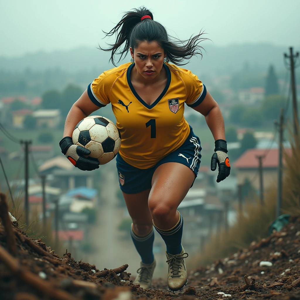 chubby soccer goalkeeper woman, [in sports suit, team shirt with number "1", shorts, socks and football boots.], (tra le mani con i guanti da portiere una palla da calcio), (masterpiece, best quality, best shadows, best shading, perfect hands, perfect face, cinematic lighting, colorful, ultra-detailed, beautiful photography, character focus, extremely-detailed, photorealistic, hyper photorealism, atmospheric), (rural destruction:1.7), (dirty, filthy, unwashed, sweaty, unkempt, angry, tired, exhausted, annoyed), ((walking, mid stride:1.2, stepping down on:1.2, stomping, crush, rampage)), (high altitude photography, satellite view), (curvy, exposed cleavage, heaving bosom, legs), (urban sprawl, farmland and small towns, destruction, buildings, roads), (((cloudy, overcast, clouds and atmosphere partly obscuring the subject:1.2, hazy atmosphere, haze in foreground, wispy clouds)))