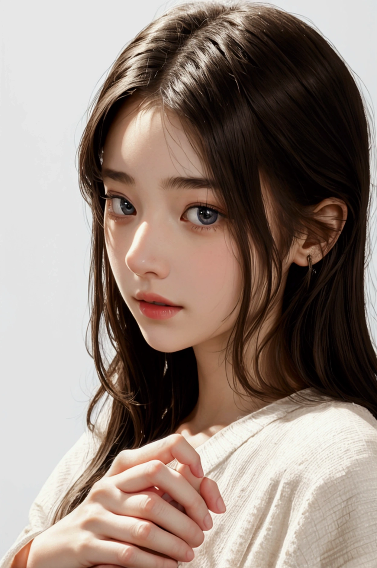 girl,Face,Hand holding iPhone on white background