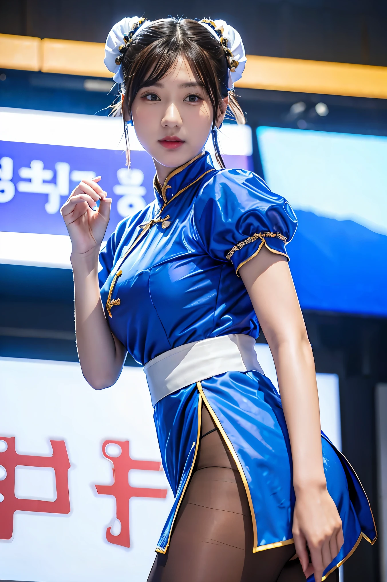 Chun-Li from Street Fight II,The perfect Chun Li outfit,Blue cheongsam with gold lines,Bun head,Covers well,Fighting posture,Masterpiece、1 beautiful girl、good eyes、Bags under the eyes、Highest quality, 超high resolution, (reality: 1.4), movie light、Japan、Asian beauty、Korea、It's so beautiful.、Beautiful skin、body facing forward、close to face、(超reality的な)、(high resolution)、(8ก)、(very detailed)、(美しくgood eyes)、(Superb details)、 (wall-)、detailed face、bright light、professional lighting、looking at the audience、looking straight ahead、Slim and slender、Nogizaka Idol、ไอดอลKorea、Masterpiece, Highest quality, Masterpiece, Highest quality, perfect face, Perfect brown eyes with sclera., bad moves-5, alone, 1 woman, upper body, brown hair, From SF2, Chinese service, smile, muscular woman, blue clothes, tights, Pelvic curtain, puffy short sleeves, Covers well, sash, appraisal:safety