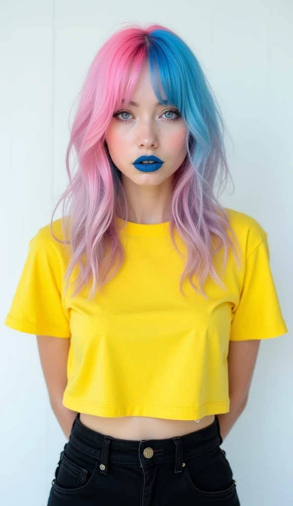 a medium-angle shot of a young woman stands against a stark white backdrop. She is dressed in a yellow t-shirt and black pants, her hair cascades over her shoulders. Her eyes are a piercing blue, adding a pop of color to her face. Her hair is a vibrant shade of pink and blue, while her lips are a darker shade of blue. Her hands are clasped in back of her, adding texture to the composition.