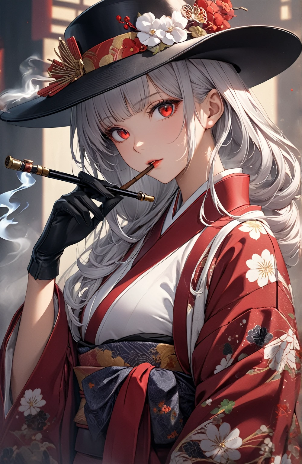 Ultra high resolution, rich colors, perfect image, top quality, detailed image, beautiful woman, glowing skin, skin and clothing texture, delicate eyes, Showa era, kimono, Japanese clothing, black hat, black leather gloves, smoking pipe, long silver hair, red eyes