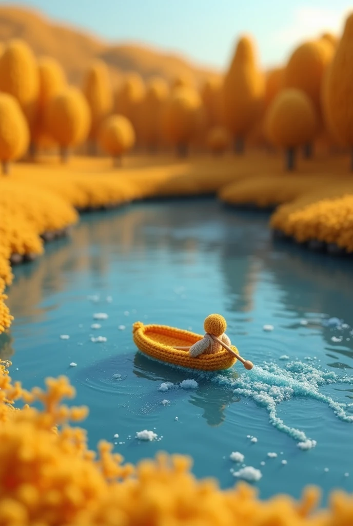 bird's eye view, On the blue lake, a small woolen figure is rowing a small boat, with a golden forest by the lake in the background, hand-knit landscape . The knit is detailed to look like it's made from wool, giving an artistic feel to the scene. nature light, In autumn, the warm colors are bright and uniform,The picture is simple and minimalist in modern art style, adorable, magical, 16k,super detail,high resolution