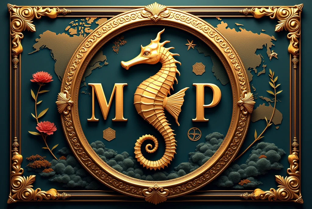 A logo design was created with the letters MJP in the center.。Japanese style、Seahorse Design. Japanese style、high quality, A luxurious image. In the center is a map of Japan、The world map is hidden、All designs are framed in a gorgeous gold frame。