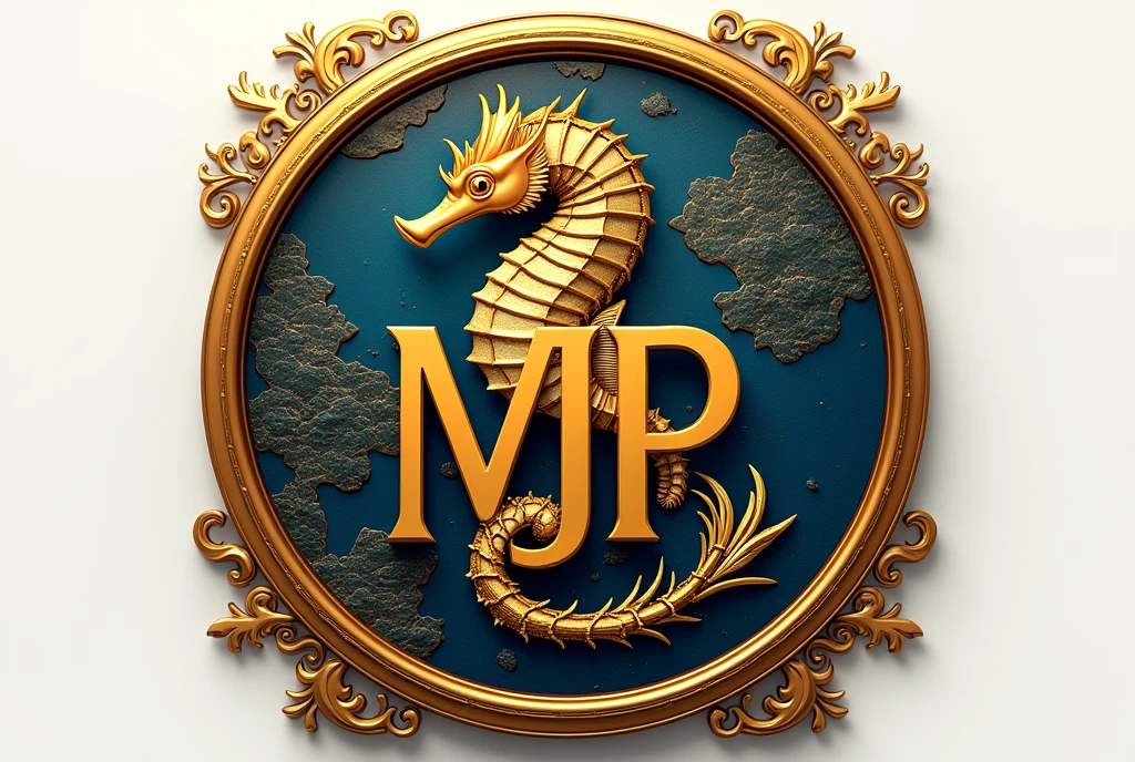 A logo design was created with the letters MJP in the center.。Japanese style、Seahorse Design. Japanese style、high quality, A luxurious image. In the center is a map of Japan、The world map is hidden、All designs are framed in a gorgeous gold frame。