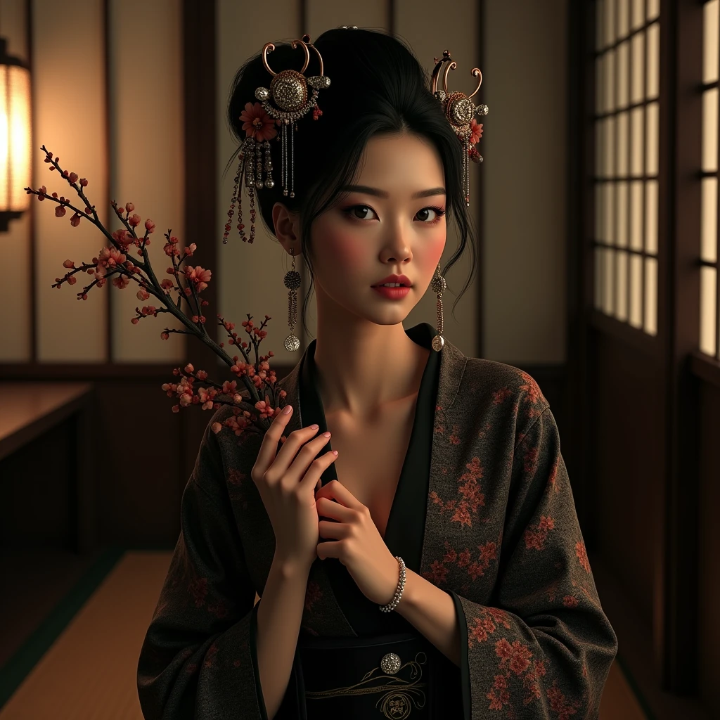 Beautiful and seductive Japanese woman in a brothel, detailed facial features, traditional kimonos with elegant and intricate patterns, very small room with no windows, tatami mats, shoji screens, sliding doors, dramatic lighting, cinematic composition, muted color palette, dramatic chiaroscuro, gothic atmosphere, (Best Quality, High Resolution, Masterpiece: 1.2), Ultra-detailed, (Realistic, Photo-realistic: 1.37), nihongami, jeweled branch of hourai, earrings, Photorealistic, cowboy shot, anatomically correct, award winning, 16k, 8k