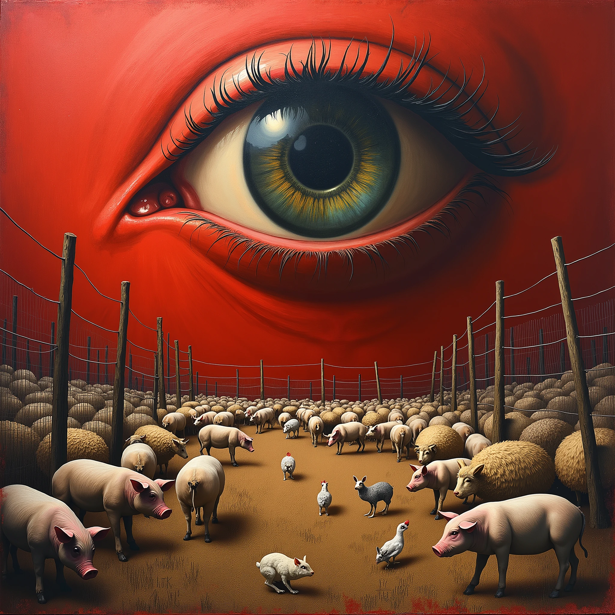 A dark and allegorical scene inspired by George Orwell's "Animal Farm." In the foreground, a group of farm animals—pigs, horses, sheep, and chickens—stand together in a dilapidated barnyard, their expressions a mix of fear, confusion, and defiance. At the center of the group, a pig dressed in human clothing, complete with a suit and hat, stands on two legs, holding a whip and looking down at the other animals with a sinister, authoritative gaze. The once idyllic farm is now bleak and oppressive, with broken fences, wilted crops, and a gloomy sky overhead. The windmill in the background is half-constructed, symbolizing false promises and the decay of the farm's original ideals. The entire scene is shrouded in an atmosphere of tyranny and betrayal, capturing the essence of power, corruption, and the loss of freedom.. [(Suspended in the air between scene and the viewer, a translucent, almost ghostly black message reads exactly: "ANIMAL FARM". The text appears as if it's floating, blurred at the edges, with the letters formed from a faint mist or white smoke that lingers in the space. The smoky words are readable, though not overly bright, hovering just in front of his gaze, creating a surreal yet powerful effect. Text exactly says: "ANIMAL FARM". They seem to be written in chalk. The text says: "ANIMAL FARM". semi-transparent text that reads 'ANIMAL FARM' in a dramatic, bold font. The text almost acts as a title, floating in the air, partially obscuring the scene but enhancing the overall tension and urgency of the moment)].