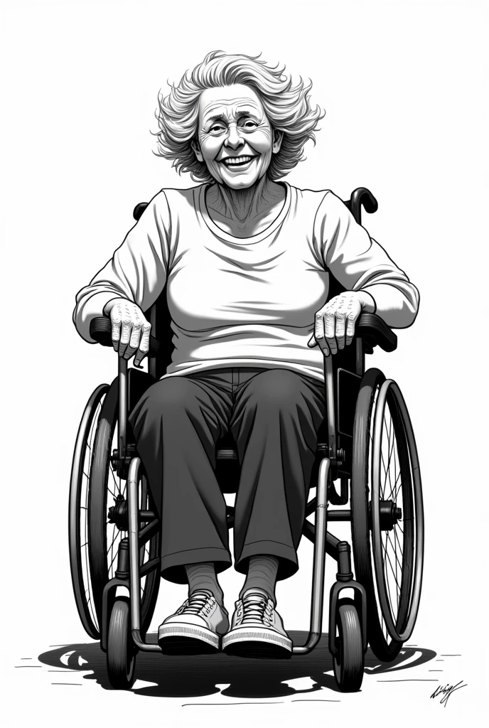Dans le style shonen, crée une femme d'une de 80 ans en fauteuil roulant.
Elle arbore un sourire et est heureuse
En noir et blanc avec des traits apparrant et simple à réaliser