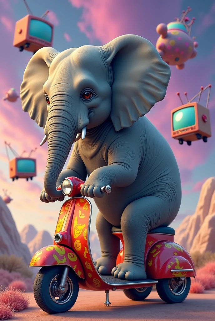 Create image of elephant sitting on TVs Jupiter scooter