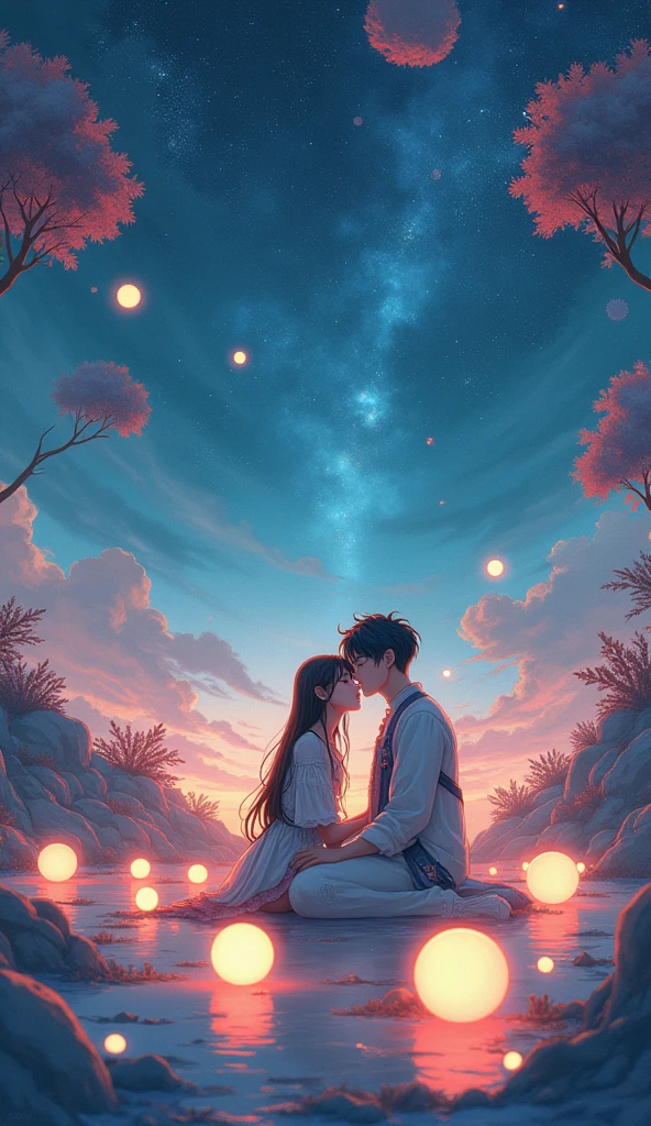Anime couple sitting on the ground,With glowing spheres, no game no life, beautiful fantasy anime, anime in fantasy style, zerochan art, hd anime wallaper, Anime fantasy artwork, anime wallaper, ethereal anime, Beautiful anime, Anime fantasy illustration, Beautiful anime artwork, anime artsyle, Beautiful anime art, pixiv contest winner, Digital art on Pixiv, award-winning, 16k