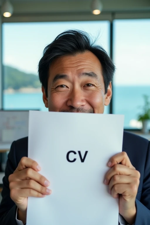 A 40-year-old Japanese office worker looks into the camera. Uncle smiled brightly, holding the CV covering half of his face. His eyes lit up with humor. . Behind him is the office scene with a window view overlooking the park next to the sea.. Real person photo.