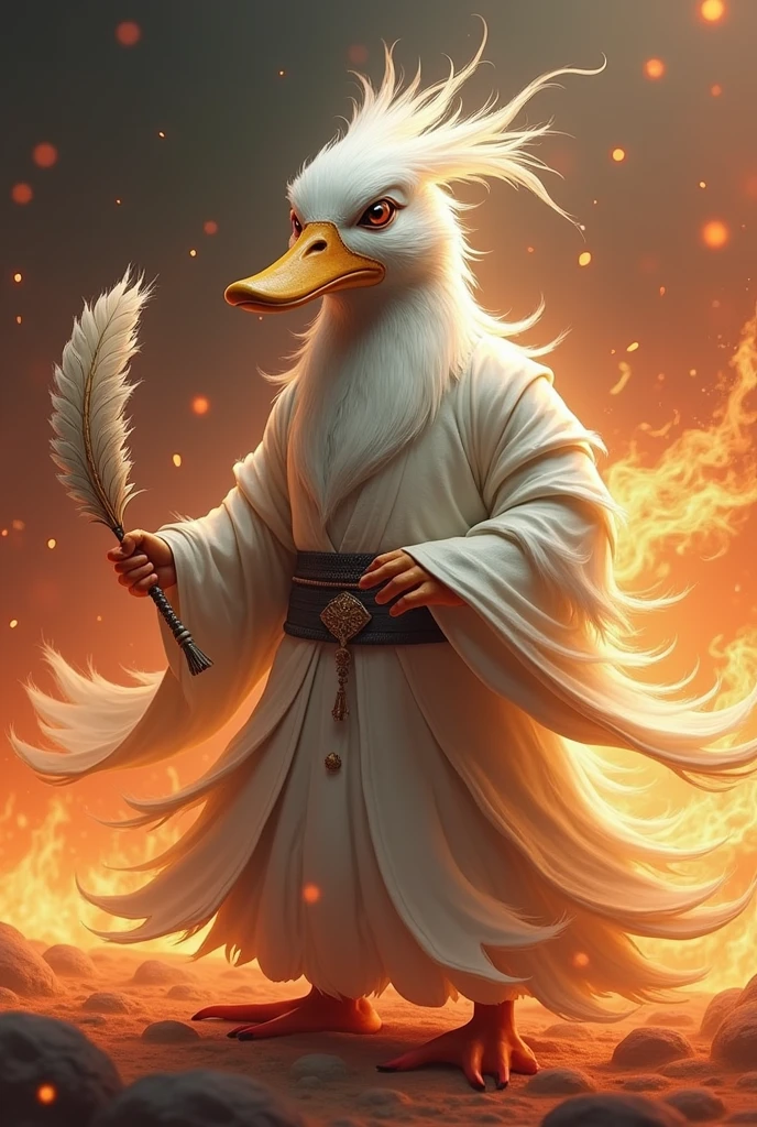 Duck head on a zhuge liang body, wearing white zhuge liang outfit, wearing zhuge liang hat, holding zhuge liang feather fan, fire everywhere