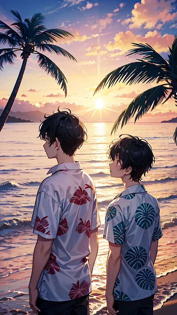 Highest quality、Back view of a young man looking at the sea、Hawaii、Palm tree、Sunset、cloud、Wearing an Aloha shirt、Black Hair、1 male