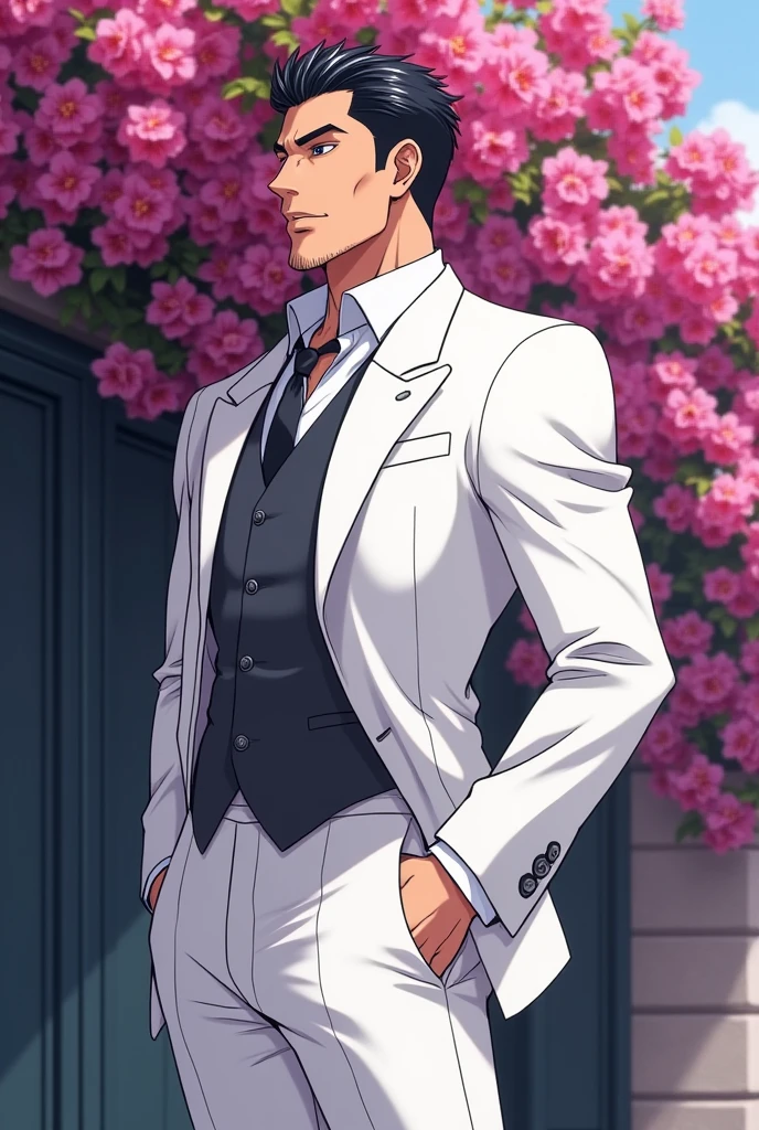 Cool and gentleman anime guy with his hands in his pockets. He is wearing white a white suit. He has a big chest and strong arms. The whole his body is turning on the right to wait for his girlfriend. He is looking down a little to see his girlfriend. Behind him is a wall of bougainvillea 