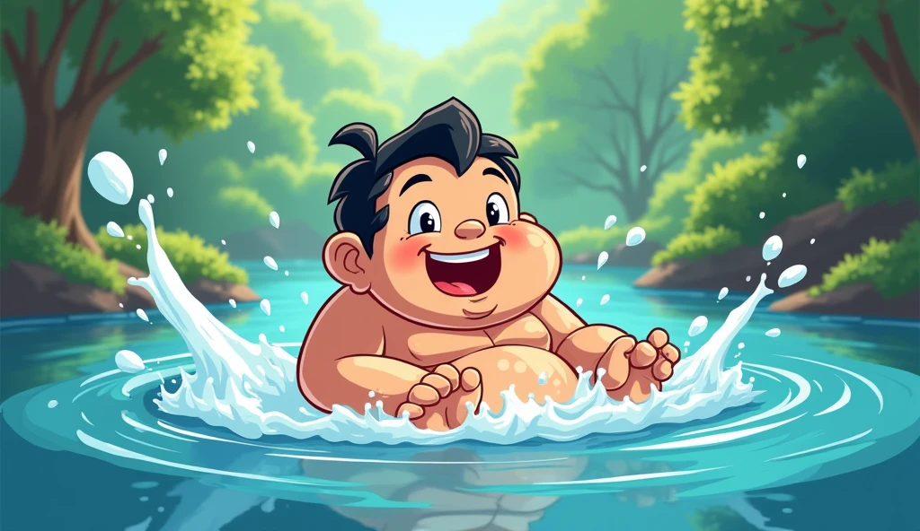 Draw Pandu enjoying his bath in the river, depicted in a cartoon style with smooth lines and vibrant colors. Show a splash of water and a whimsical, exaggerated force pulling at him from below. Ensure the scene remains light-hearted and animated, with clear cartoonish effects