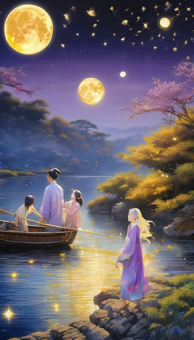 (((masterpiece)))、(((Highest quality)))、((Ultra-detailed))、(Awareness-raising)、((Very delicate and beautiful))、、Bright smile、floating、Light purple hair、(Detailed light) (Man and woman couple)、The wind is blowing、world、Painting of a river with stars and moon floating in the sky、Golden Moon。Bright Moon、Starry sky environment under moonlight、Dream Painting