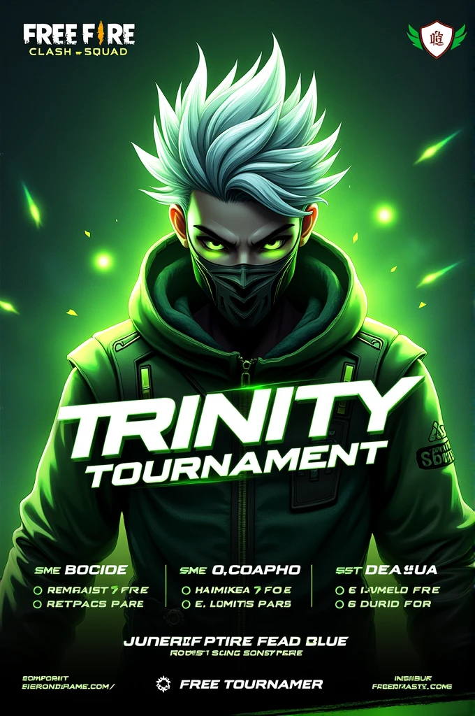 A digital poster for a Free Fire Clash Squad Tournament with a neon green and black theme. The poster prominently features a character from the game with silver hair and a futuristic green and black outfit, partially masked. The title ' Trinity TOURNAMENT' is bold and white, with other details like 'Rs. 2000 Prize Pool,' 'full map and specific rules such as 'The poster also includes placeholders for the tournament date and registration details, including a registration fee of Rs 50 per player and payment methods via online . The design is dynamic, featuring game-related graphics and a dark, intense background, aiming to attract a gaming audience."
