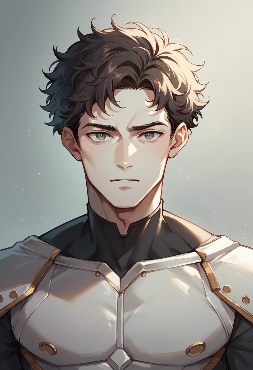 Man with short curly hair, White skin, grey eyes, defined and athletic body, White sci-fi costume clothing with gold details., wait, safe,