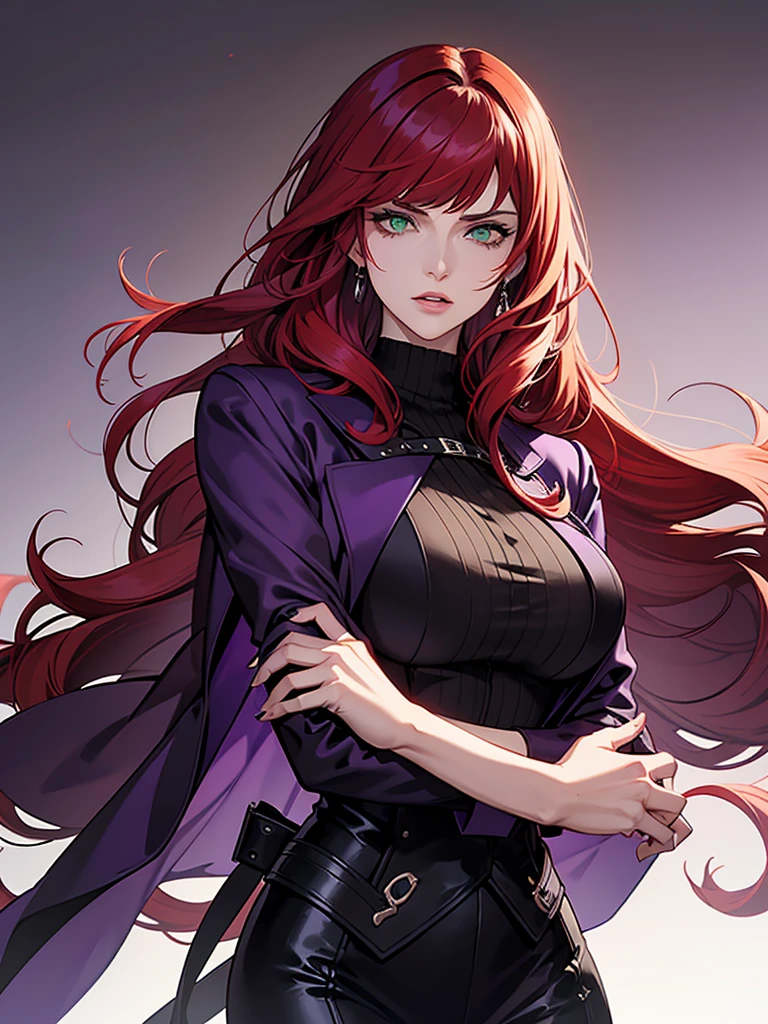 green eyes, red hair with long bangs, noble. sadistic women, wavy long hair. strong woman. purple jacket. she quiet. wear purple and black outfit. background in luxury mansion. dominant woman. mafia. mature woman. girl boss. badass woman. gangster