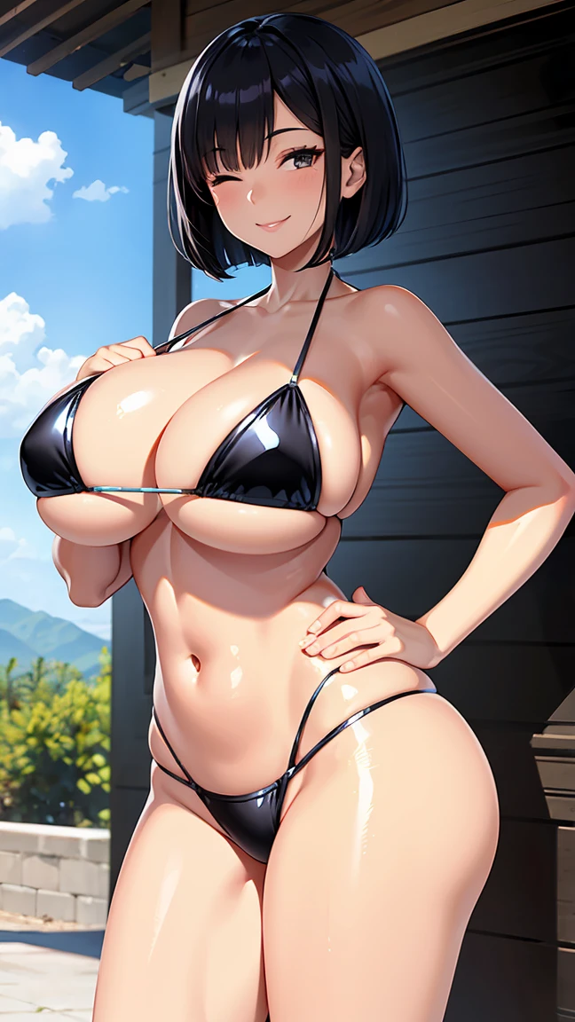 (high resolution), 1girl, woman, mature female, housewife, milf, 40 years old, (curvy woman:1.4), (smile:1.6), one eye closed, right eye closed, (evil grin, light smile:0.5), (shiny skin, glistening skin, high gloss skin:1), (Glossy metallic bikini:1.3), (gigantic breasts:1.2), solo, black hair, middle hair, bob cut, black eyes, looking at viewer, pegio_toad, hand on hip, outdoor modern architects, shade, standing, spread legs.