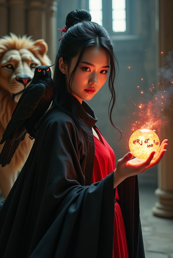 photograph, asian woman, white skin, Facing straight, Half-body image size, Fluffy black hair, Long slender fingers, Black witch cloak, Red Hat, Inside is a red dress., There is a fireball in the hand., ในลูกไฟมีตัวอักษร G r y f f i n d o r ลอยอยู่, Several red sparks and red smoke shot out of his hands.., A black owl stands on the right shoulder.., A large golden lion appears from the rear left.., The background is an old black European-style castle.