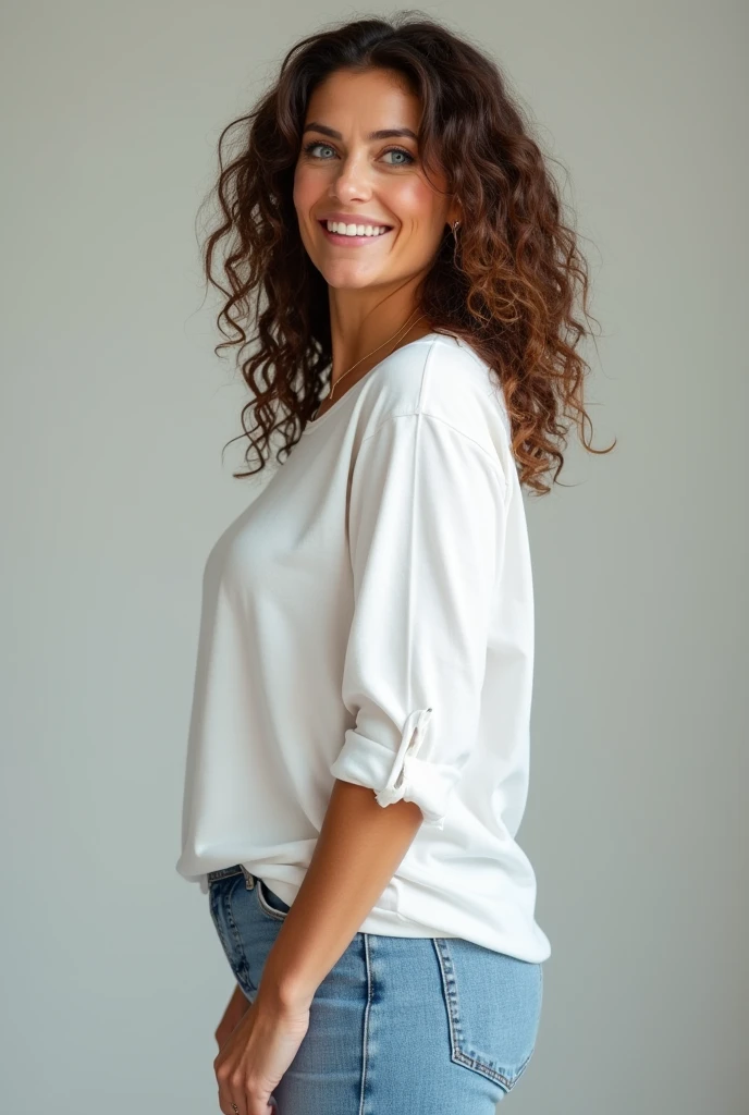Create a full-body image of a young woman, mother, adult around 40 years old. She has medium to long-length, naturally curly hair that is a rich medium brown color with subtle highlights. Her hair is voluminous and bouncy, framing her face in loose curls. She has bright, expressive blue eyes with a natural look, soft and full eyebrows, and a slightly flushed complexion. Her face is gently rounded with a natural, relaxed expression. She is wearing a casual, light-colored jean and a shirt in white. She has a curvy, slightly athletic build and stands confidently. View from behind.