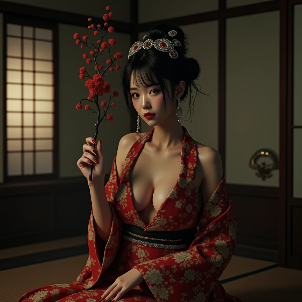 Beautiful and seductive Japanese woman in a brothel, detailed facial features, traditional kimonos with elegant and intricate patterns, very small room with no windows, tatami mats, shoji screens, sliding doors, dramatic lighting, cinematic composition, muted color palette, dramatic chiaroscuro, gothic atmosphere, (Best Quality, High Resolution, Masterpiece: 1.2), Ultra-detailed, (Realistic, Photo-realistic: 1.37), nihongami, jeweled branch of hourai, earrings, Photorealistic, cowboy shot, anatomically correct, award winning, 16k, 8k