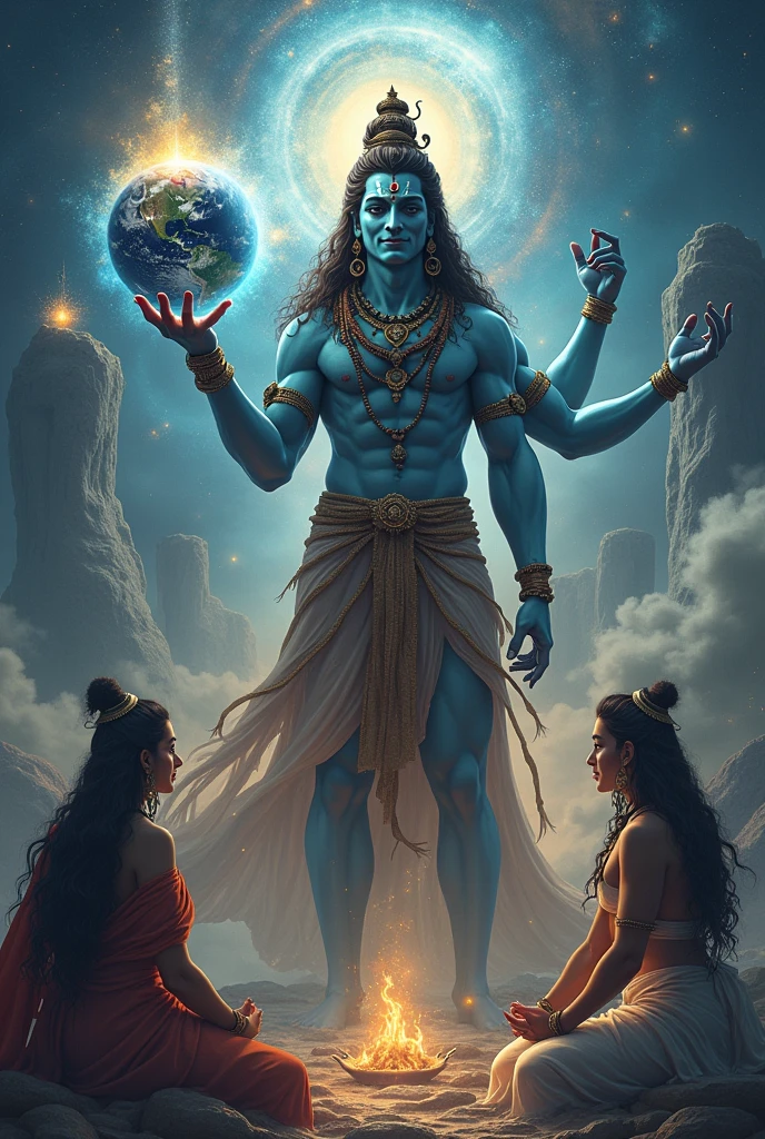 Shiva holding earth in one hand and smiling. Supernatural beings sit around him