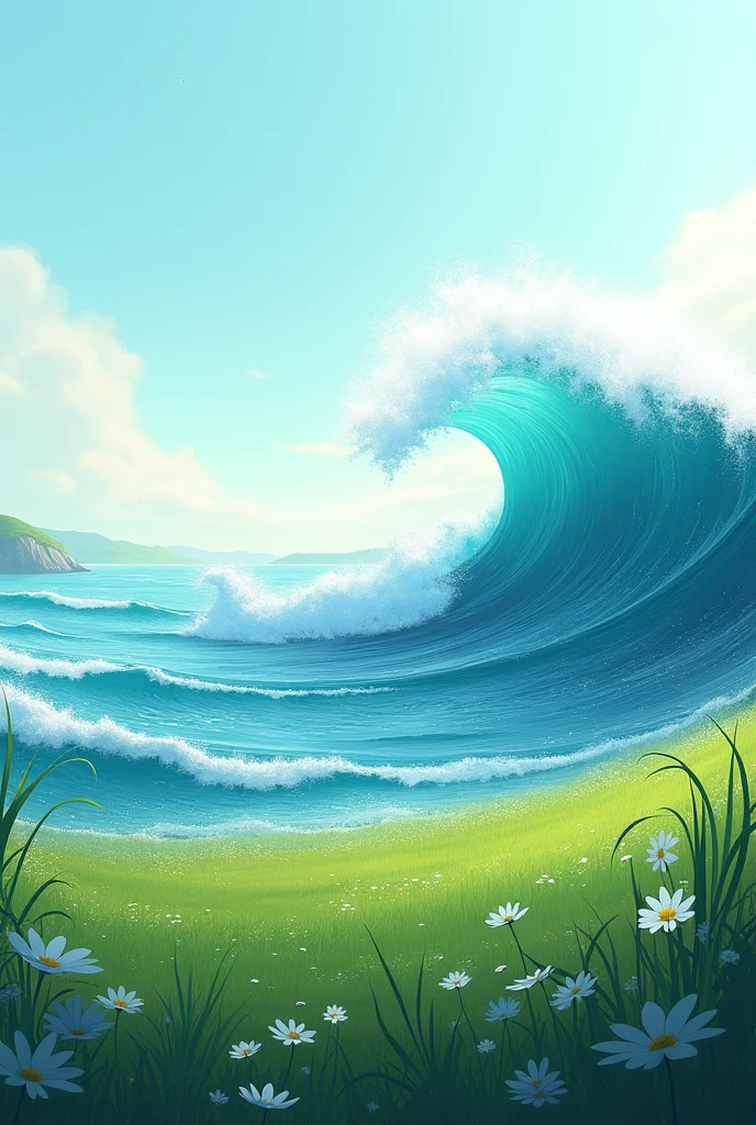 "Create a hyper-realistic image of an ocean with dynamic waves moving forward. The background should feature lush, expansive flat meadows with no mountains, stones, rocks, or other higher structure than ocean The sky should be a gradient of blue and aqua colors, with no sun or moon present. Ensure the scene evokes tranquility and natural beauty. No flowers except white . Greenery should be lower in the height of ocean .