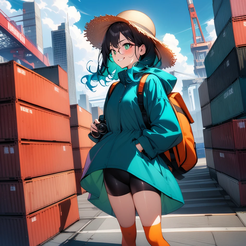 (masterpiece),(best quality),very aesthetic,(ultra-detailed),high saturation,nsfw,1girl,25yo,slender,tall,medium hair,black hair,natural wave hair,flipped hair,dark green eyes,comfortable,smirk,glasses,(straw hat with leaf color ribbon:1.2),carrying a aqua blue rucksack with a camera attached to the shoulder strap, (thigh-high parka dress with gradient earth color,black bike shorts),long sleeves,Sneaker Shoes,short orange socks,wristwatch,smirk,comfortable,excited,look around restlessly,no entry zone,freight port,concrete ground,Wharf with many containers lined up,gantry crane,Skyscrapers tower in the distance,walking,summer,cowboy shot,looking away,blue sky,from side