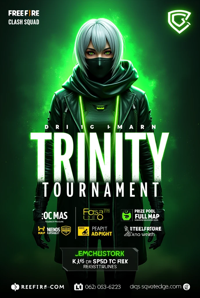 A digital poster for a Free Fire Clash Squad Tournament with a neon green and black theme. The poster prominently features a character from the game with silver hair and a futuristic green and black outfit, partially masked. The title ' Trinity TOURNAMENT' is bold and white, with other details like 'Rs. 2000 Prize Pool,' 'full map
'The poster also includes placeholders for the tournament date and registration details, including a registration fee of Rs 50 per player and payment methods via online . The design is dynamic, featuring game-related graphics and a dark, intense background, aiming to attract a gaming audience."