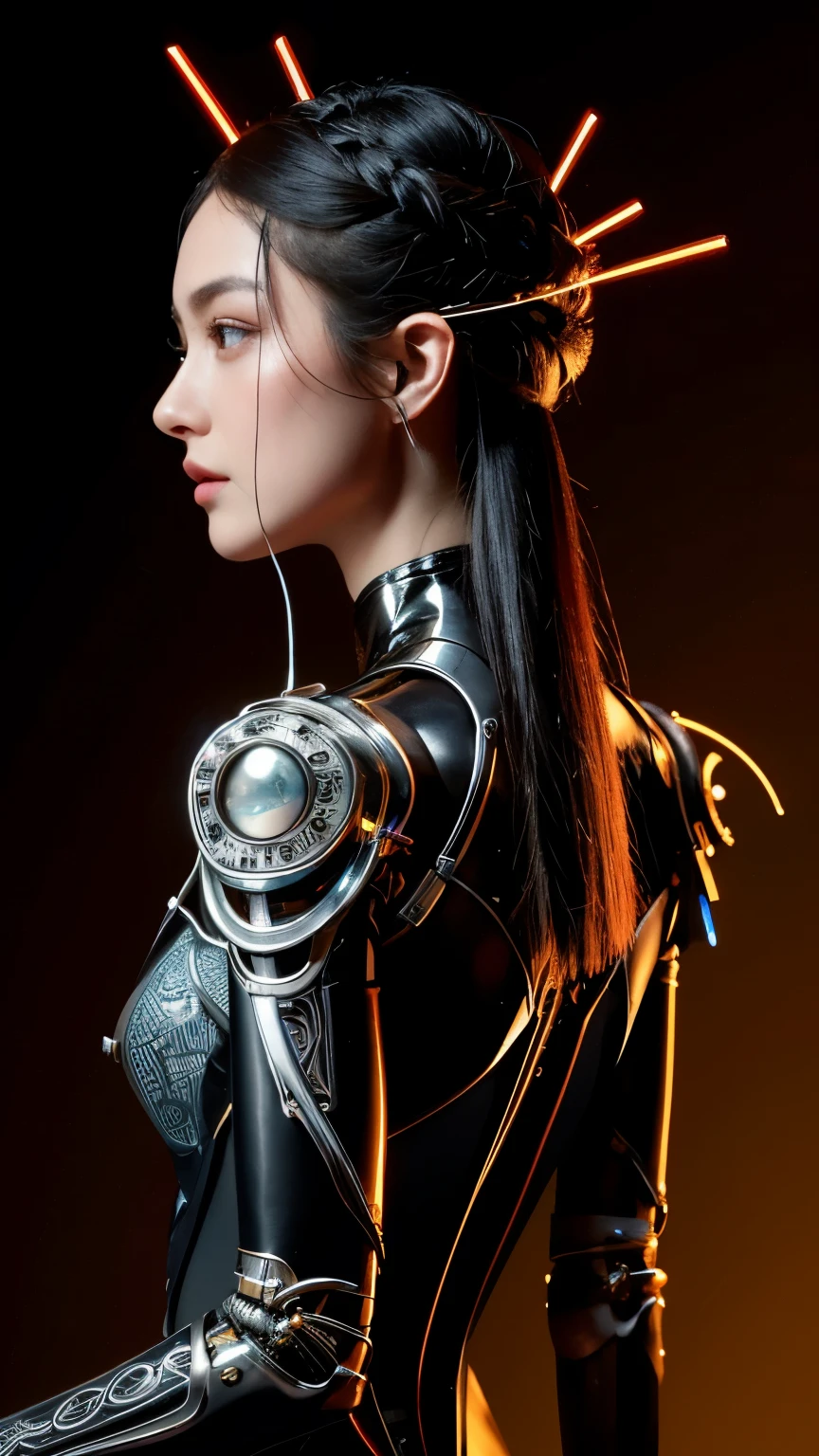 A portrait of a mechanical girl in stunning 8K resolution, meticulously detailed to the utmost realism. The scene is bathed in global illumination, casting intricate shadows that highlight the ornamental details of her metal form. Rendered with Octane rendering, the image boasts sharpness that reveals every intricate part of her construction. The color palette is cool and glowing, reminiscent of Egyptian artistry, with neon accents that add a futuristic flair. The mechanical girl's limbs and face are all machine, adorned with incredibly intricate details down to the smallest components. Her machine skin is a complex network of interconnected parts, including blood vessels merging seamlessly with tubes. She has machine hair and luminous mechanical vertebrae extending from her back, as well as a mechanical cervix attached to her neck, all emitting a soft glow. Standing amidst a sophisticated laboratory, she is connected to an intricate web of millions of wires and cables that link her head and body to various sophisticated equipment, creating a mesmerizing display of technological marvel. This composition is expected to trend highly on CGSociety for its exceptional realism and superlative attention to neon-lit and detailed mechanical elements.