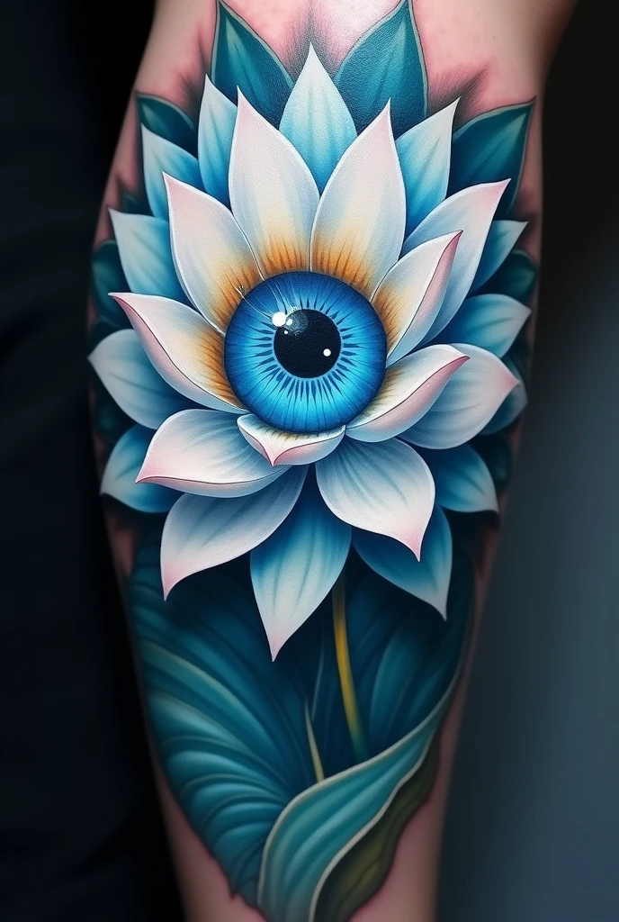 Get a tattoo of a white and blue lotus flower with petals that open and close in an endless cycle with a realistic blue eye in the center