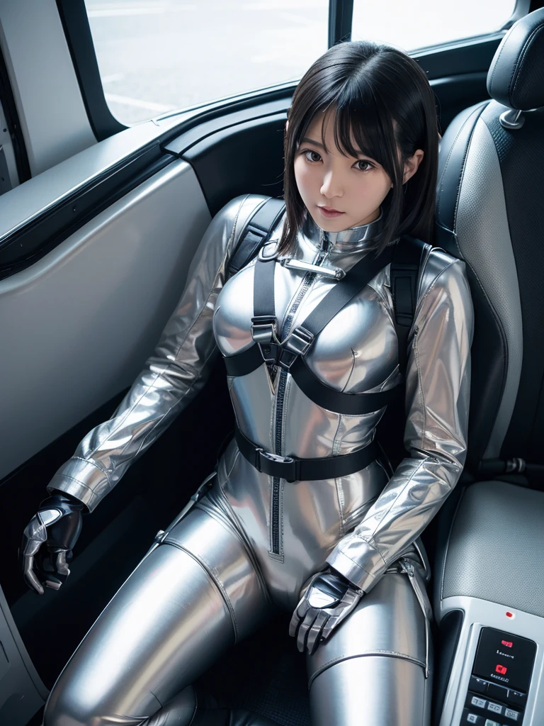 Japanese female android,Silver shiny robot suit,Wide-legged squats,Black Hair,Space capsule,I was completely strapped to my seat in the cockpit with a thick harness and couldn&#39;t move.,