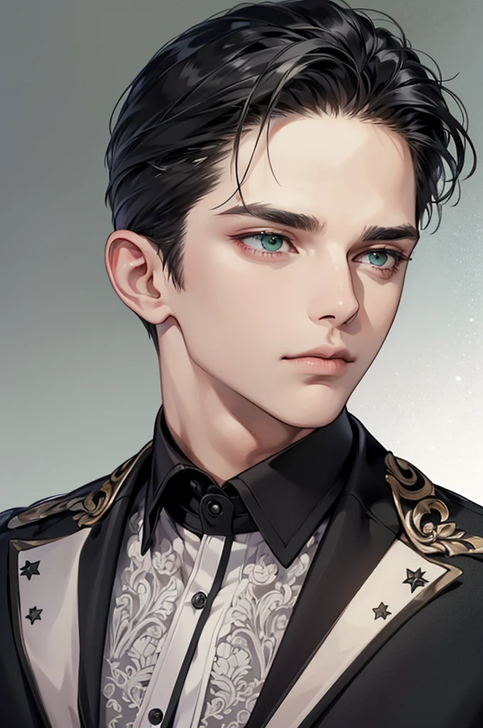 masterpiece, best quality, realistic, man, mature male, a masculine professor, buff physique, male, short hair, green eyes, serious, closed mouth, extremely detailed face, austere, ((slicked back black hair)), ((black suit)), accurate, detailed, (8k, HD, best quality, intricate details, dark colors, masterpiece: 1.2), slicked back hair, green eyes, staring away, neutral background, formal, modern, portrait close-up shot, meursault_(limbus_company)