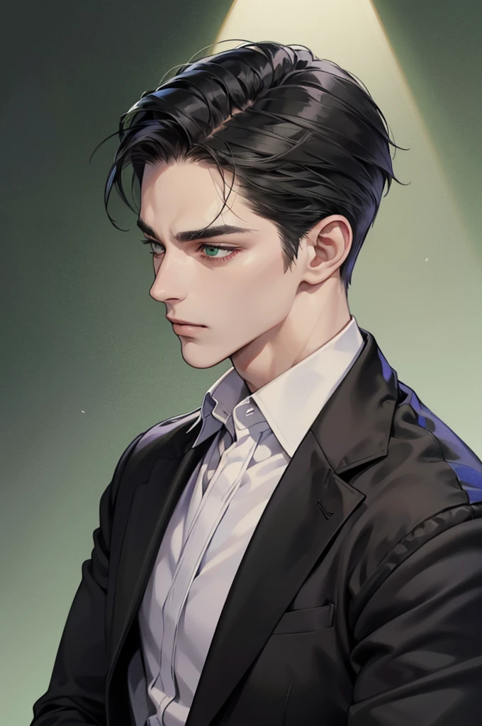 masterpiece, best quality, realistic, man, mature male, a masculine professor, buff physique, male, short hair, green eyes, serious, closed mouth, extremely detailed face, austere, ((slicked back black hair)), ((black suit)), accurate, detailed, (8k, HD, best quality, intricate details, dark colors, masterpiece: 1.2), slicked back hair, green eyes, staring away, neutral background, formal, modern, portrait close-up shot, meursault_(limbus_company)