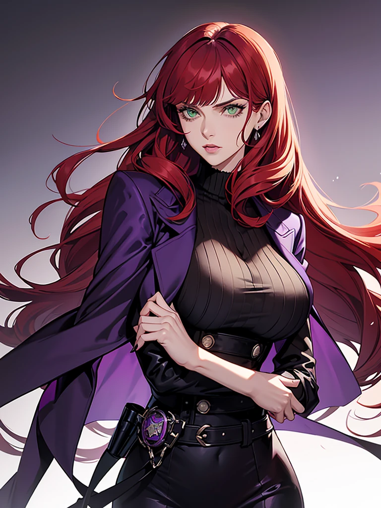 green eyes, red hair with long bangs, noble. sadistic women, wavy long hair. strong woman. purple jacket. she quiet. wear purple and black outfit. background in luxury mansion. dominant woman. mafia. mature woman. girl boss. badass woman. gangster