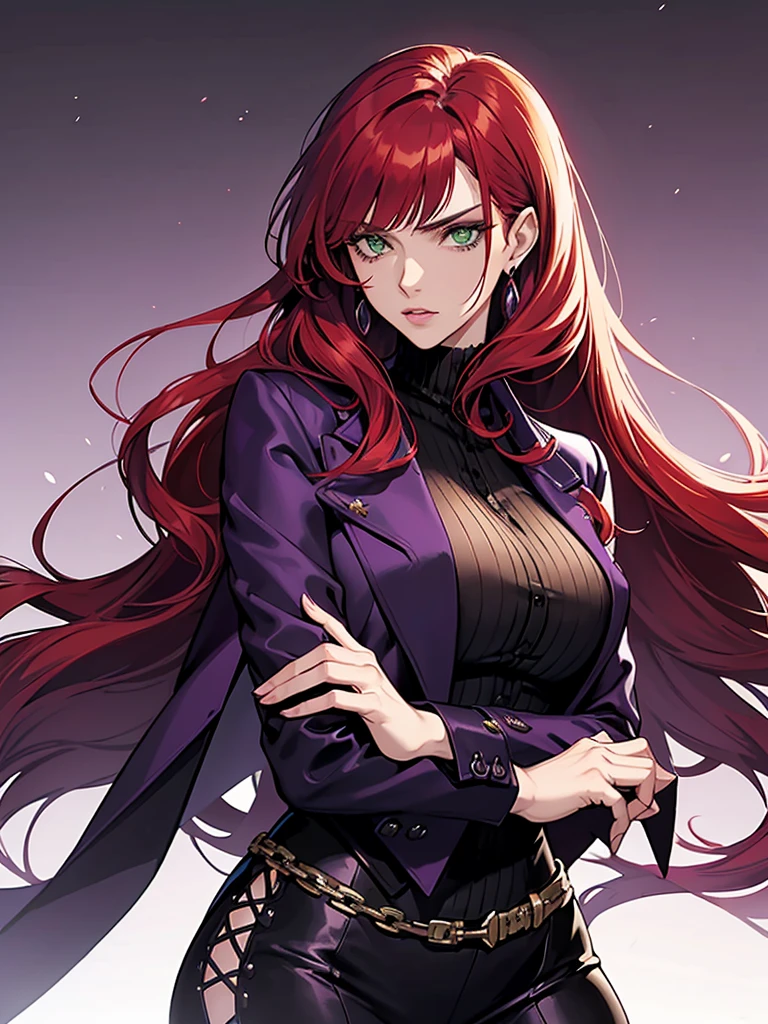 green eyes, red hair with long bangs, noble. sadistic women, wavy long hair. strong woman. purple jacket. she quiet. wear purple and black outfit. background in luxury mansion. dominant woman. mafia. mature woman. girl boss. badass woman. gangster