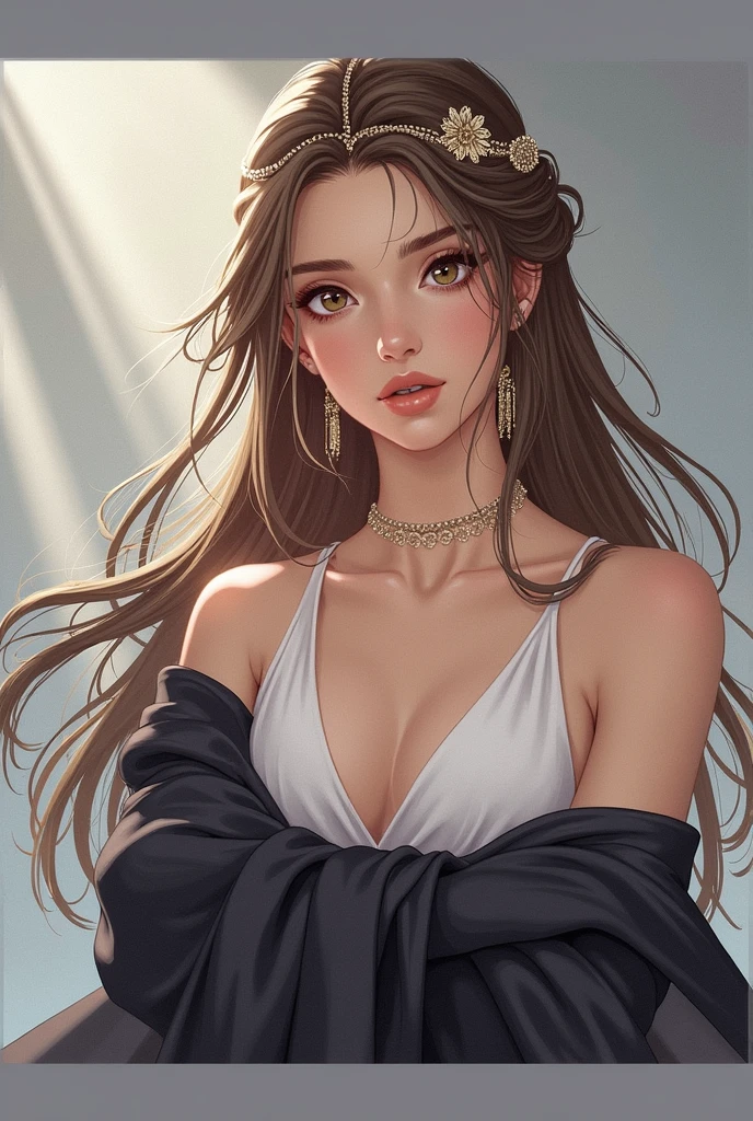  1fille, bare, cheveux longs et bruns, les yeux hazel, Bare shoulders, arms crossed,flush , boobs, detached sleeves, Hair between the eyes, manches longues, hair flaps, white dress, greek mythology, Goddess Solo, brown-hair, Hair Ornament, jewels, Hair Ornament,
