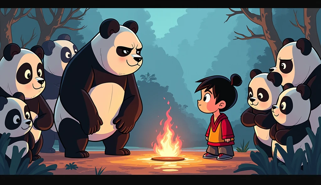 Illustrate a dramatic cartoon scene where Pandu’s father, a panda with a serious expression, speaks to Pandu. The guardian pandas around them should also be in an animated style, with expressive faces and exaggerated features to highlight their roles as guardian spirits. Use strong contrasts and clear outlines to emphasize the cartoonish look